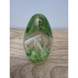 Vintage Art Glass Egg Shape Paperweight Spiral Swirl Design Clear Lime Green #61